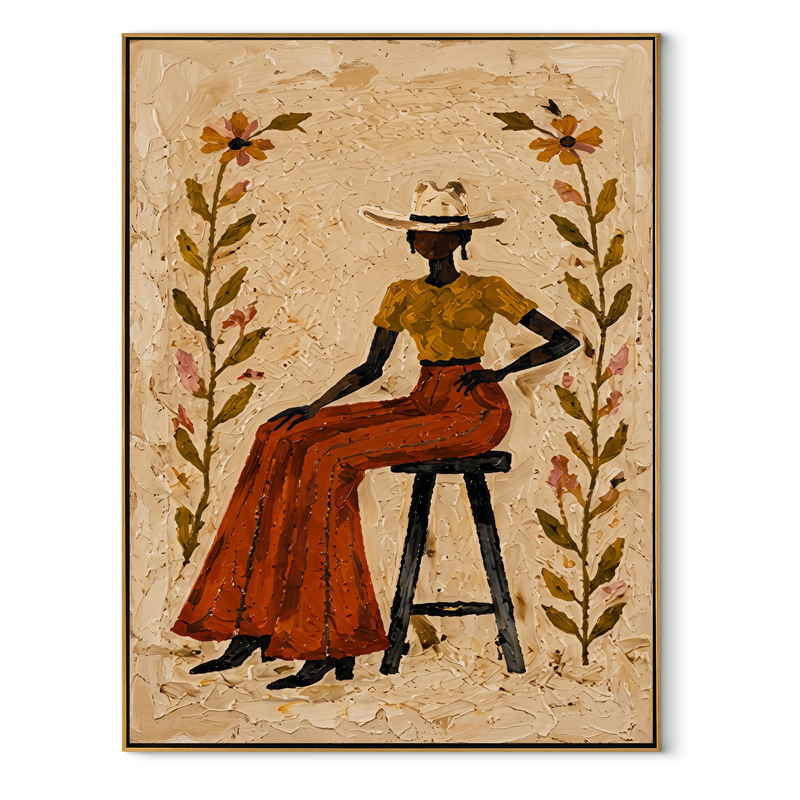 Flowers Guard Terra Skirt – Floral Cowgirl Portrait Painting | Contemporary Western Vertical Wall Art