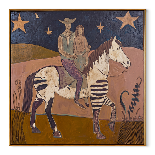 Two Riders Follow Stars – Patchwork Horse Riders Painting | Contemporary Western Square Wall Art