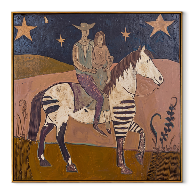 Two Riders Follow Stars – Patchwork Horse Riders Painting | Contemporary Western Square Wall Art