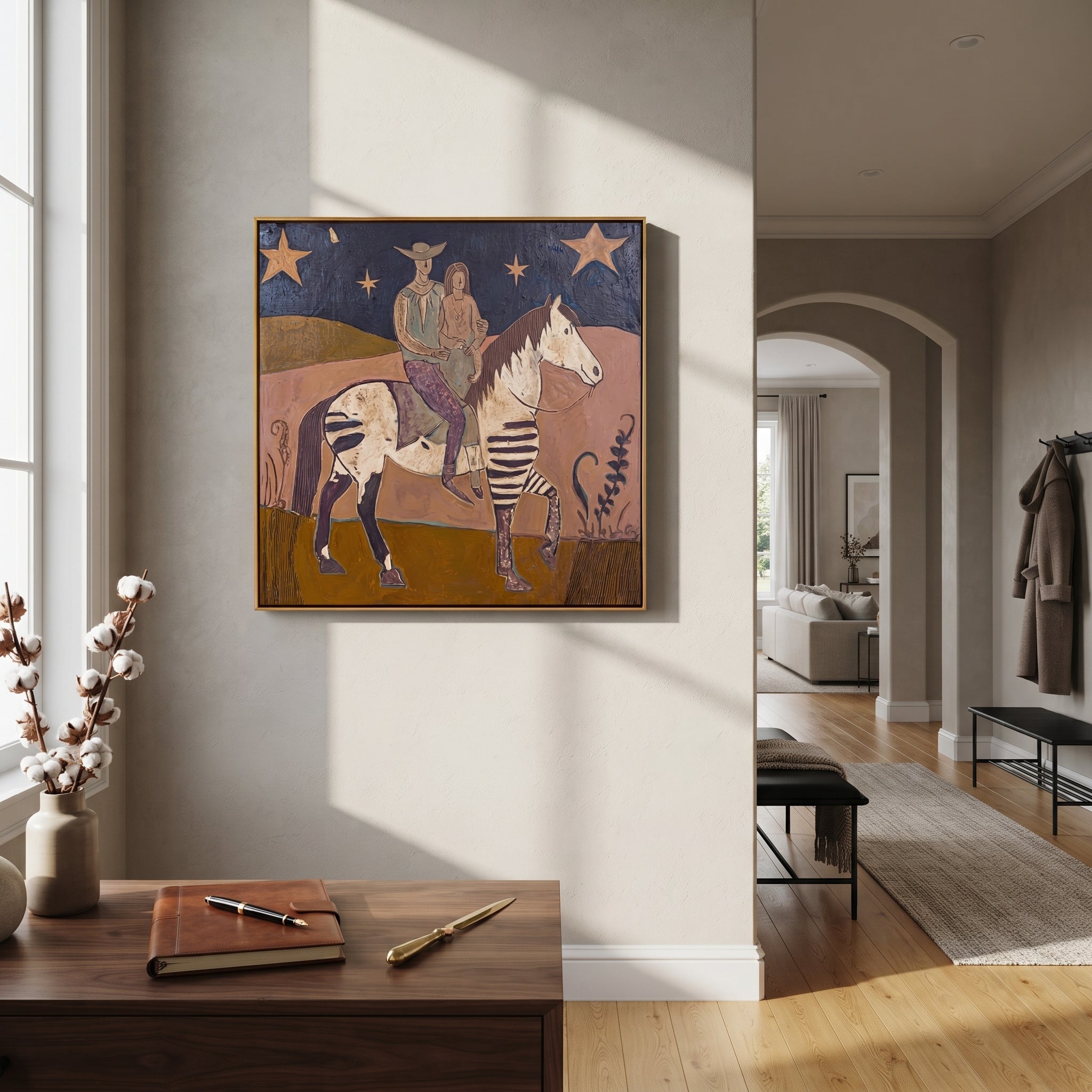 Two Riders Follow Stars displayed in a layered residential setting