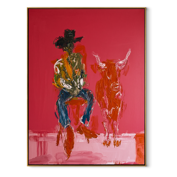 Red Calf Waits Quietly – Cowboy and Calf Painting | Contemporary Western Vertical Wall Art