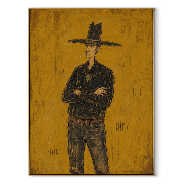 Black Hat Counts Time – Standing Cowboy Portrait Painting | Contemporary Western Vertical Wall Art