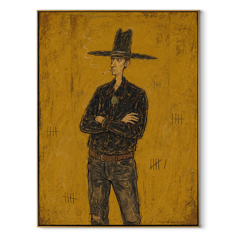 Black Hat Counts Time – Standing Cowboy Portrait Painting | Contemporary Western Vertical Wall Art