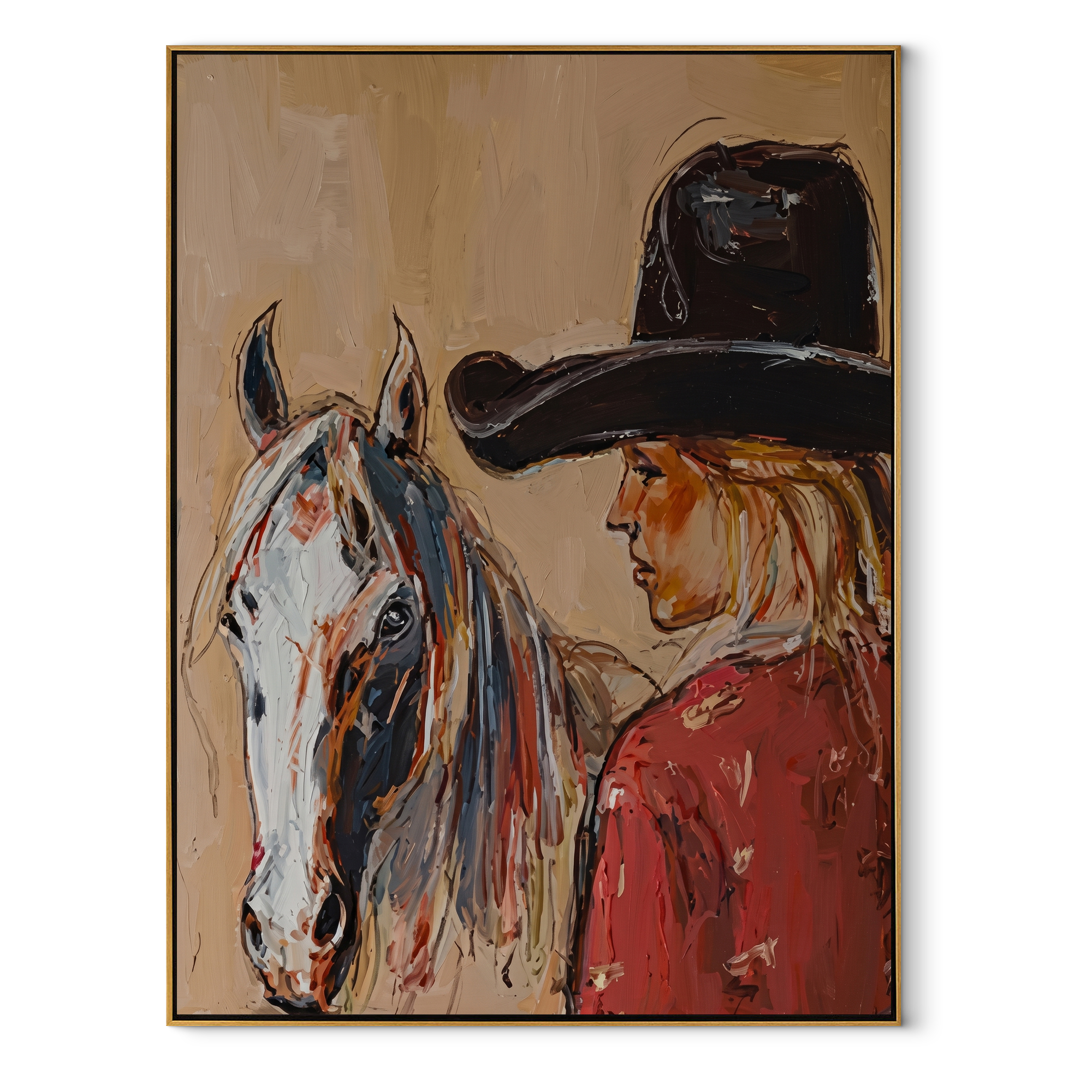 Gray Horse Shares Breath Western figurative painting, vertical canvas artwork