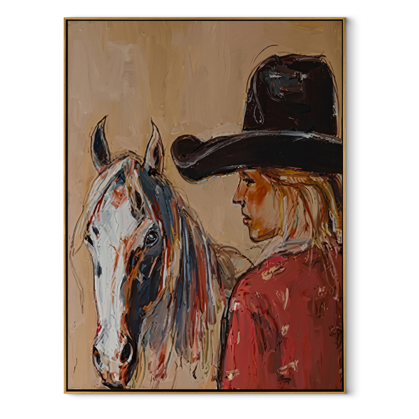Gray Horse Shares Breath – Cowgirl Horse Closeup Painting | Contemporary Western Vertical Wall Art
