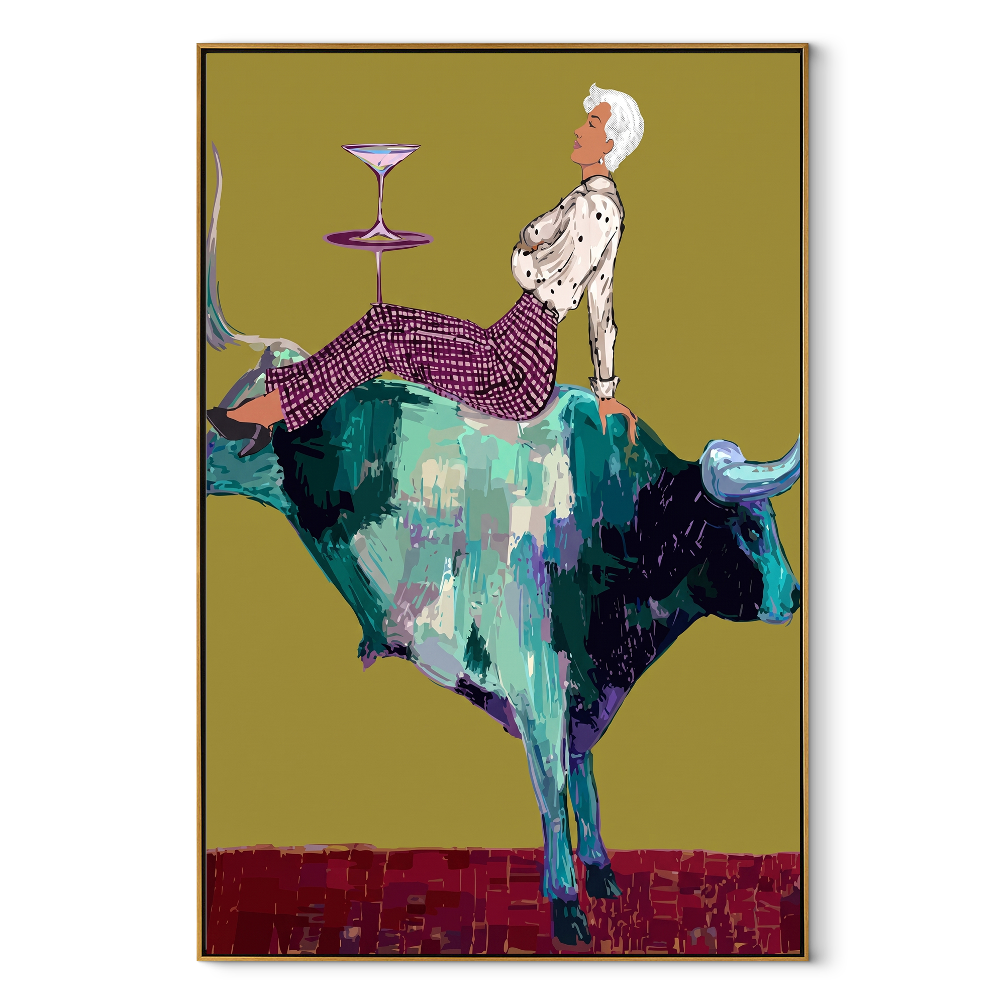 Teal Horns Carry Supper Western figurative painting, vertical canvas artwork