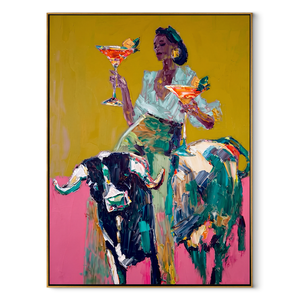 Two Glasses Ride Color – Colorful Cowgirl Bull Painting | Contemporary Western Vertical Wall Art