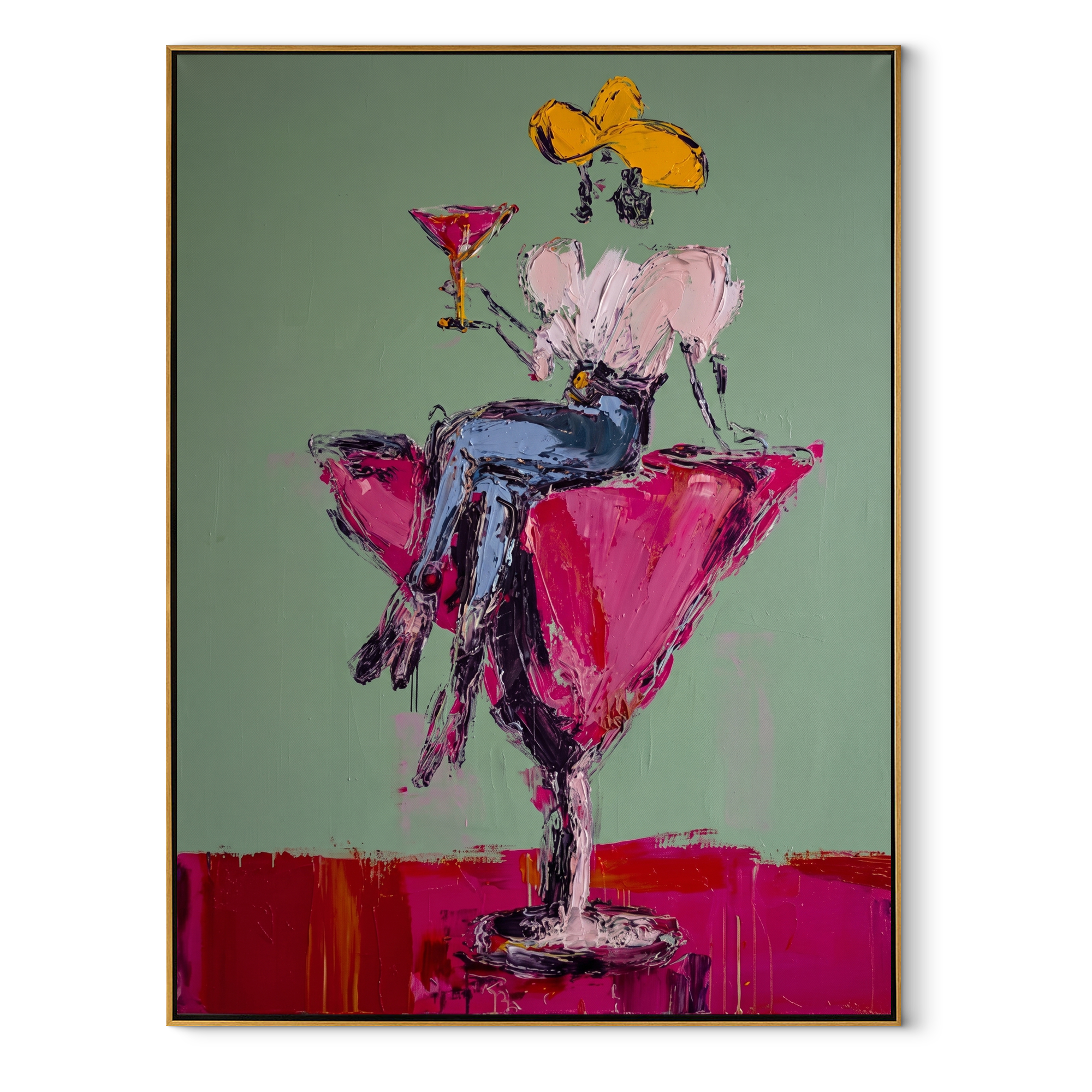 Magenta Glass Holds White Western figurative painting, vertical canvas artwork