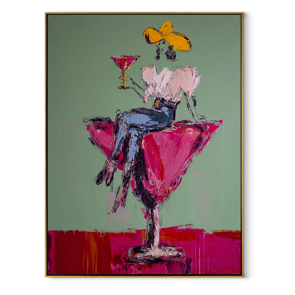 Magenta Glass Holds White – Cowgirl in Cocktail Glass Painting | Contemporary Western Vertical Wall Art