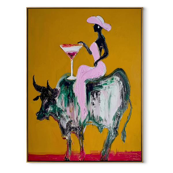 Golden Ground Raises Toast – Black Rider Bull Painting | Contemporary Western Vertical Wall Art