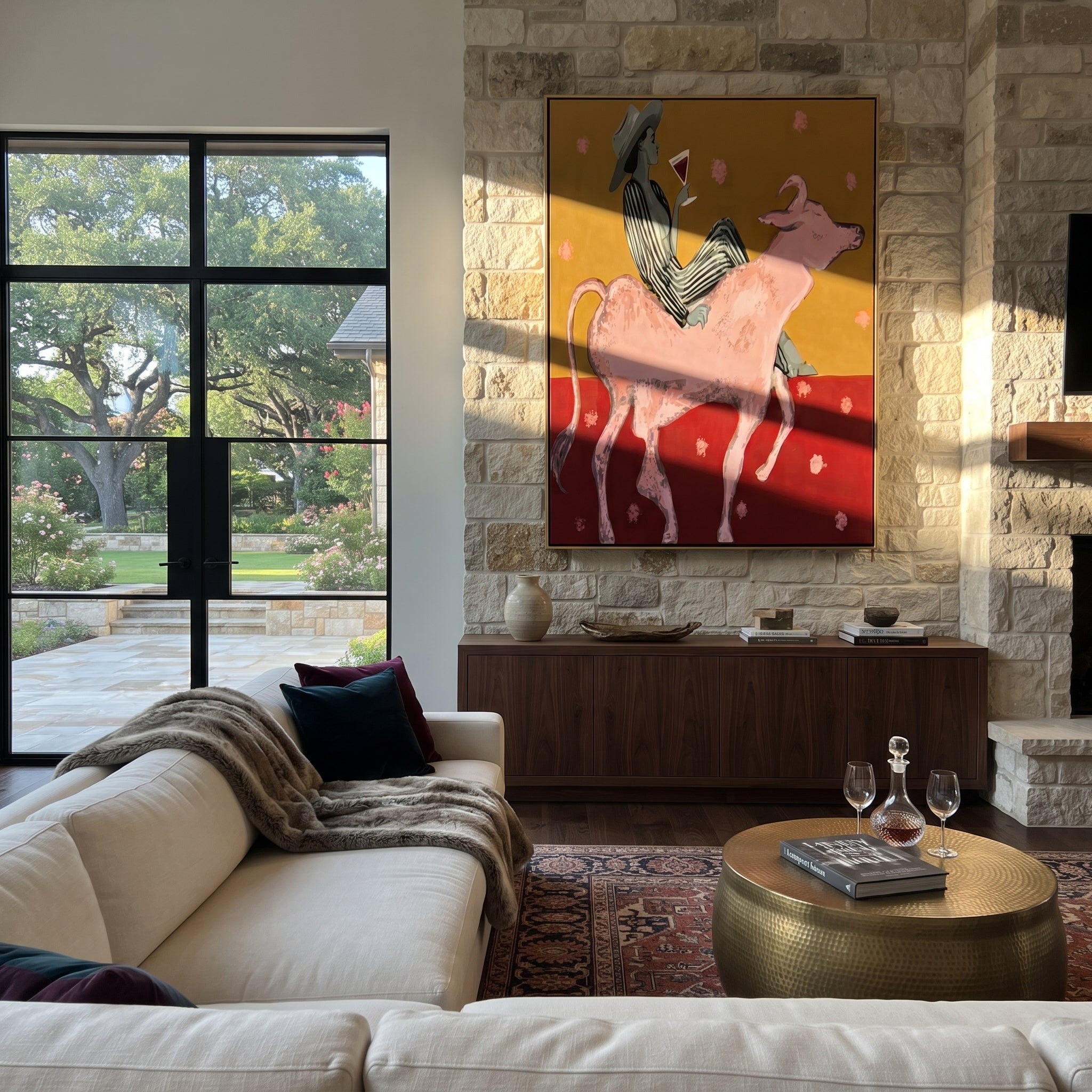 Pink Bull Carries Stripes displayed in a collected contemporary interior