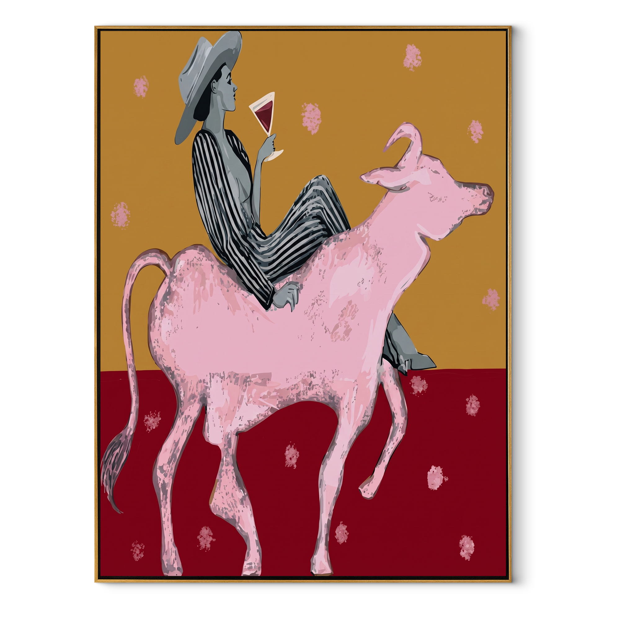 Pink Bull Carries Stripes Western figurative painting, vertical canvas artwork