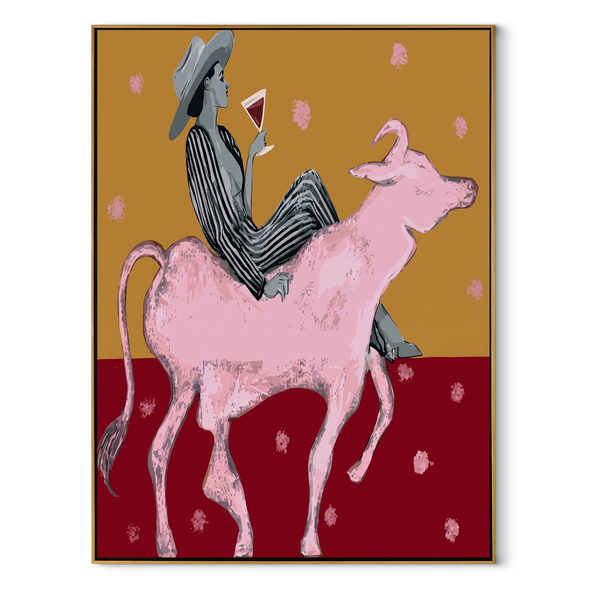 Pink Bull Carries Stripes – Striped Cowboy Bull Painting | Contemporary Western Vertical Wall Art