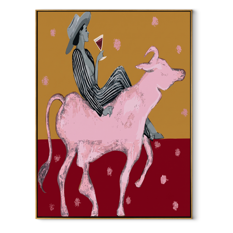 Pink Bull Carries Stripes – Striped Cowboy Bull Painting | Contemporary Western Vertical Wall Art