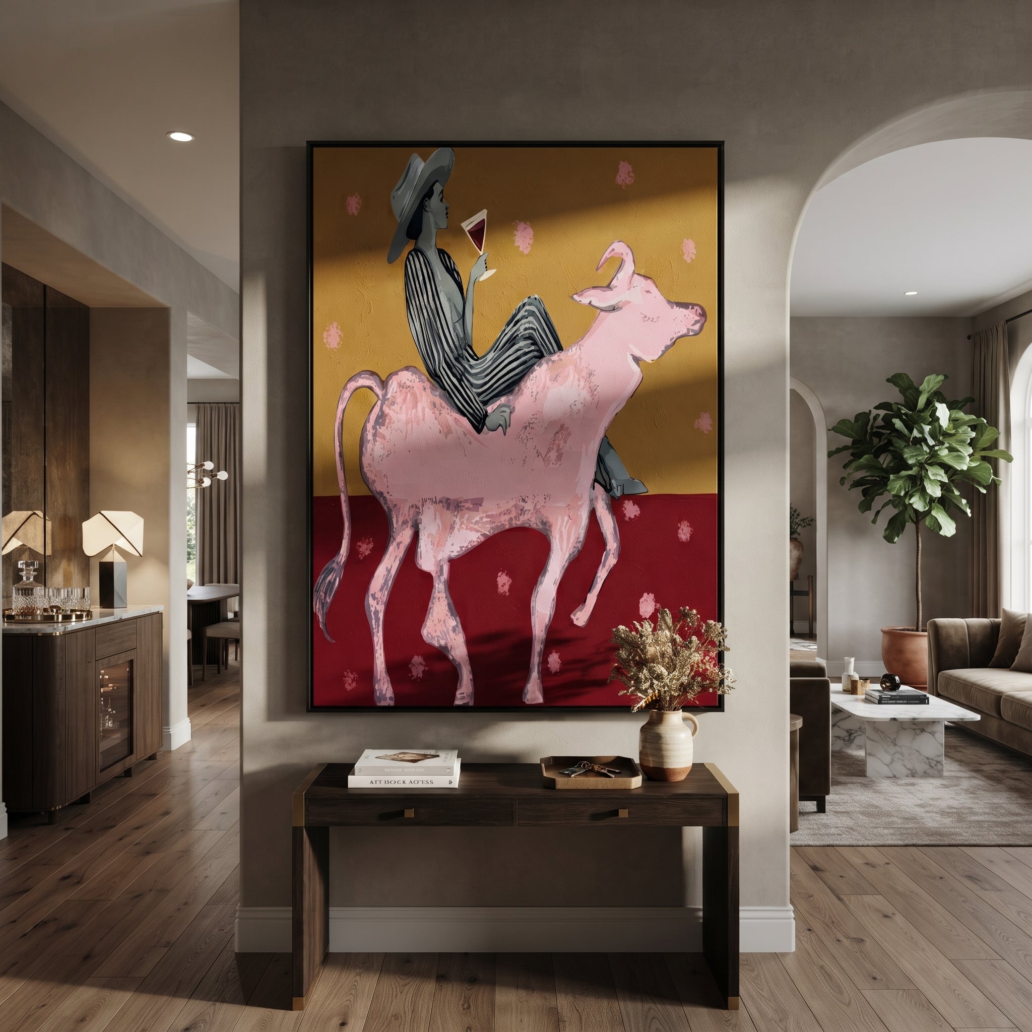 Pink Bull Carries Stripes presented as a colorful interior focal point