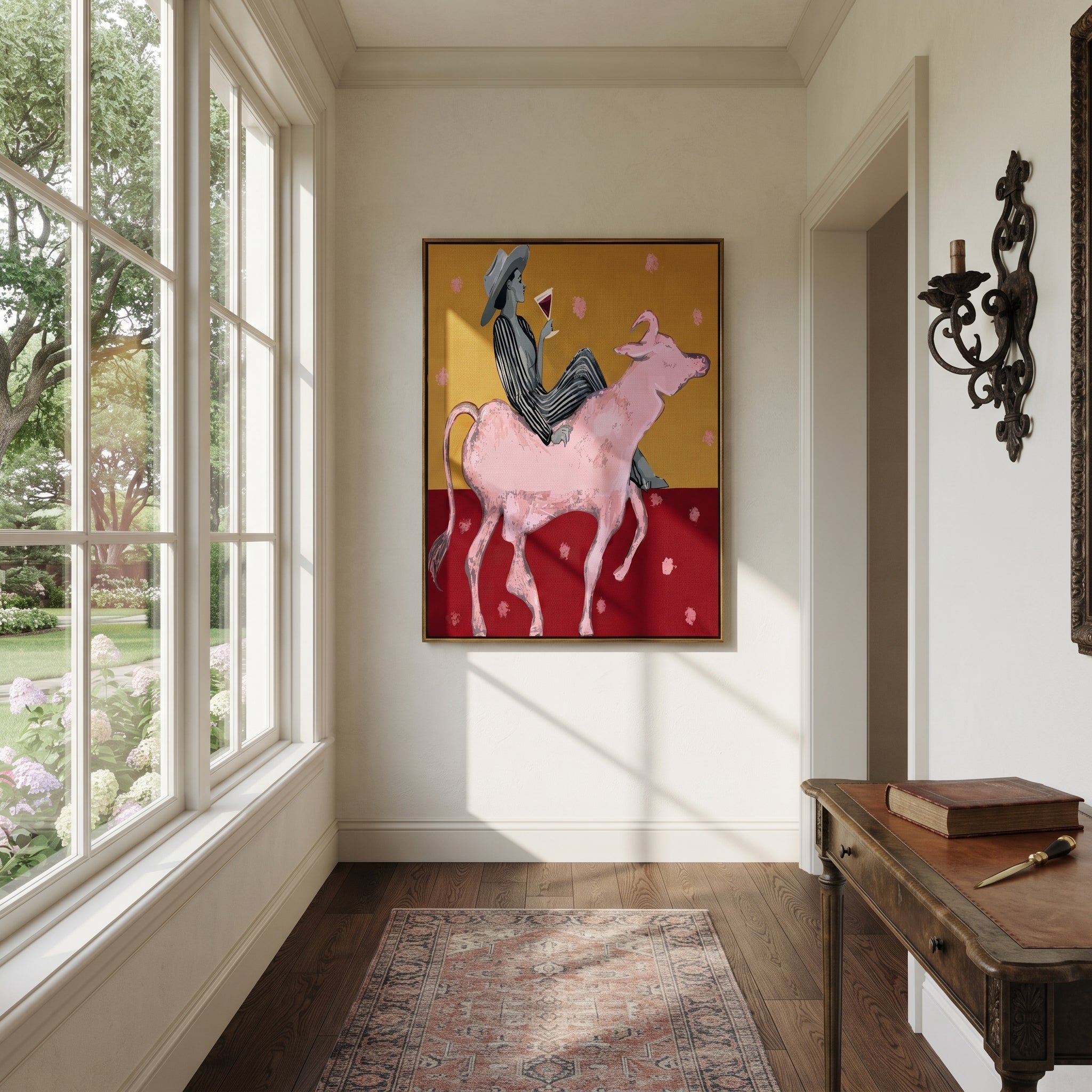 Pink Bull Carries Stripes displayed in a layered residential setting