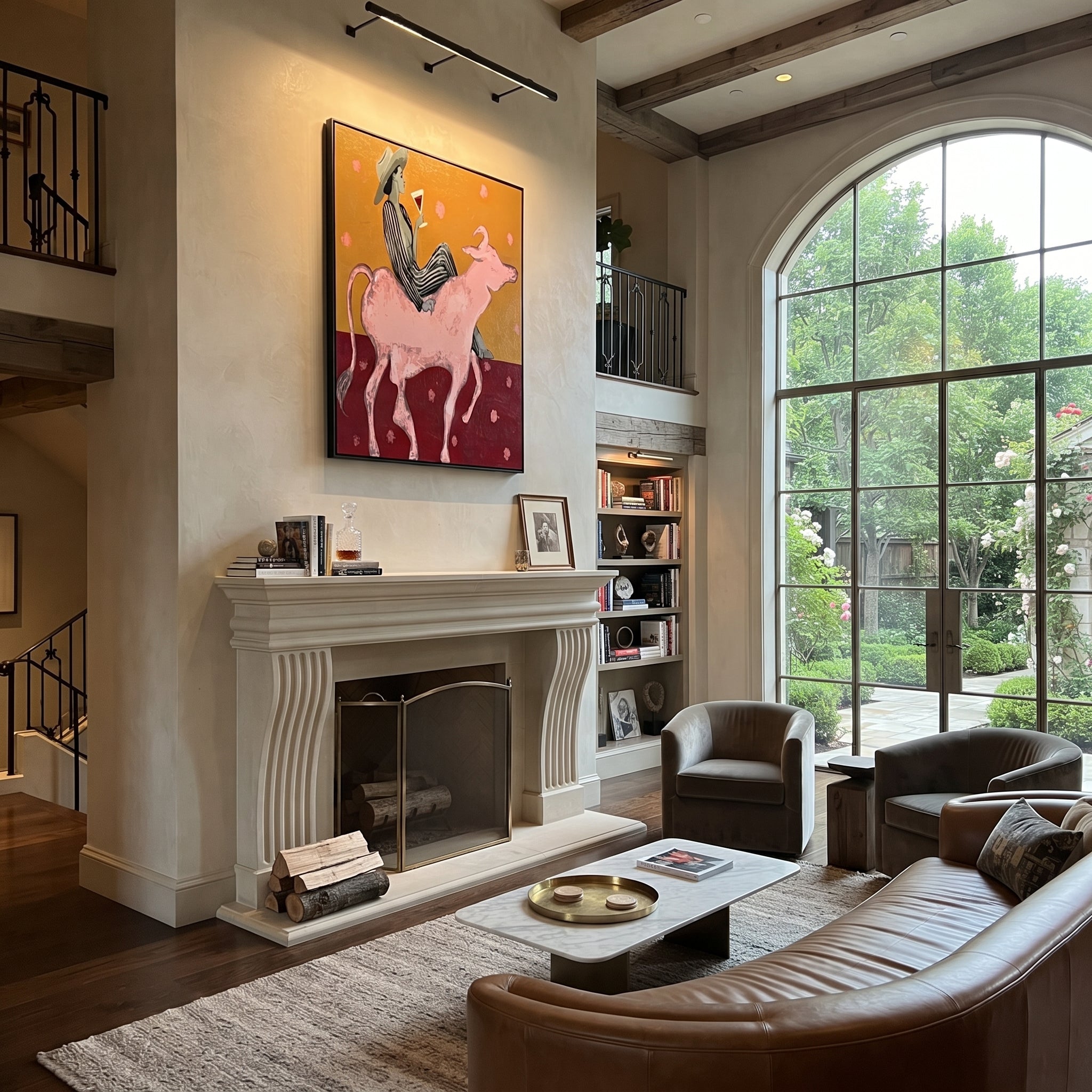 Pink Bull Carries Stripes styled with wood, linen, and modern decor