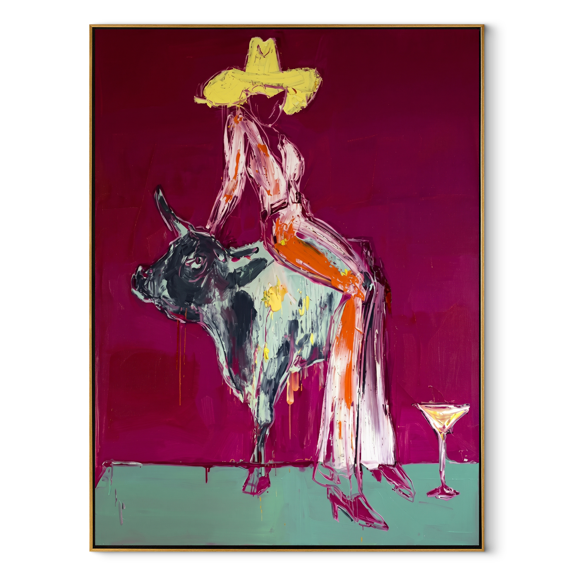 Pale Dress Crosses Burgundy Western figurative painting, vertical canvas artwork