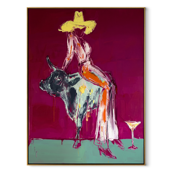 Pale Dress Crosses Burgundy – Cowgirl Mottled Bull Painting | Contemporary Western Vertical Wall Art