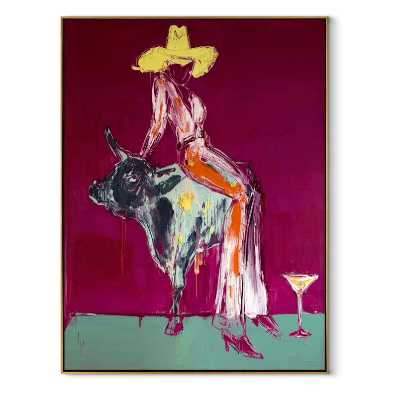 Pale Dress Crosses Burgundy – Cowgirl Mottled Bull Painting | Contemporary Western Vertical Wall Art