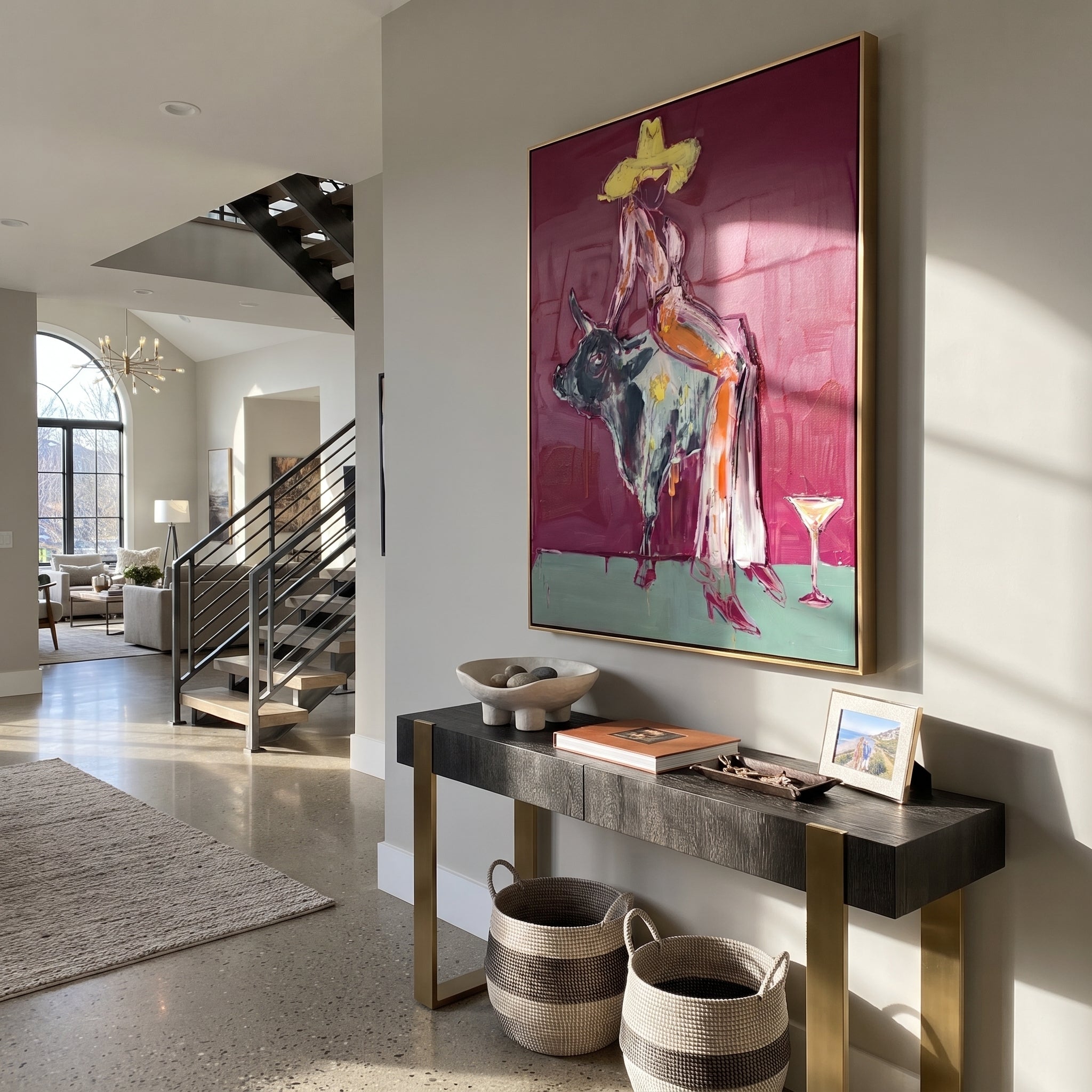Pale Dress Crosses Burgundy presented as a colorful interior focal point