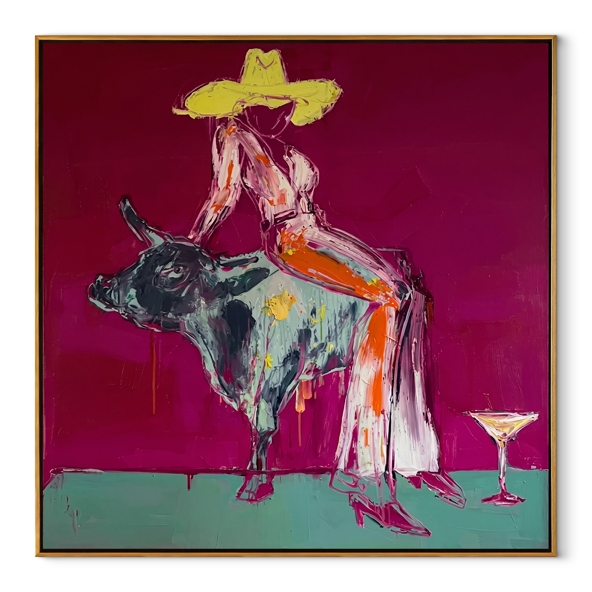 Silver Bull Holds Stillness Western figurative painting, square canvas artwork