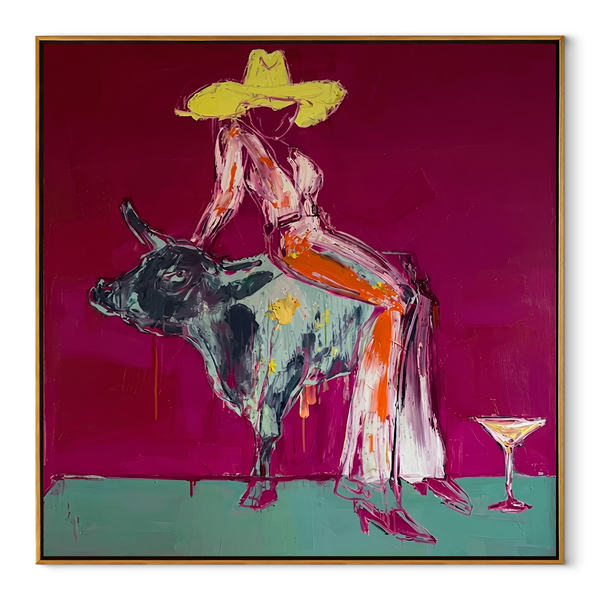 Silver Bull Holds Stillness – Cowgirl Bull Square Painting | Contemporary Western Square Wall Art