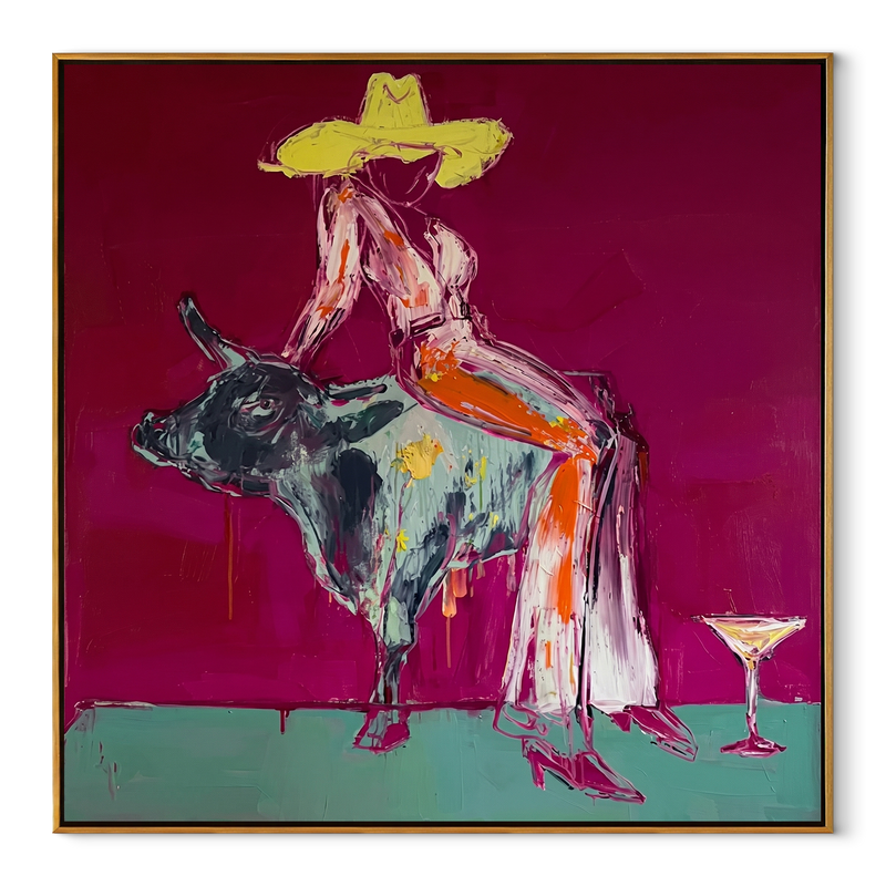Silver Bull Holds Stillness – Cowgirl Bull Square Painting | Contemporary Western Square Wall Art
