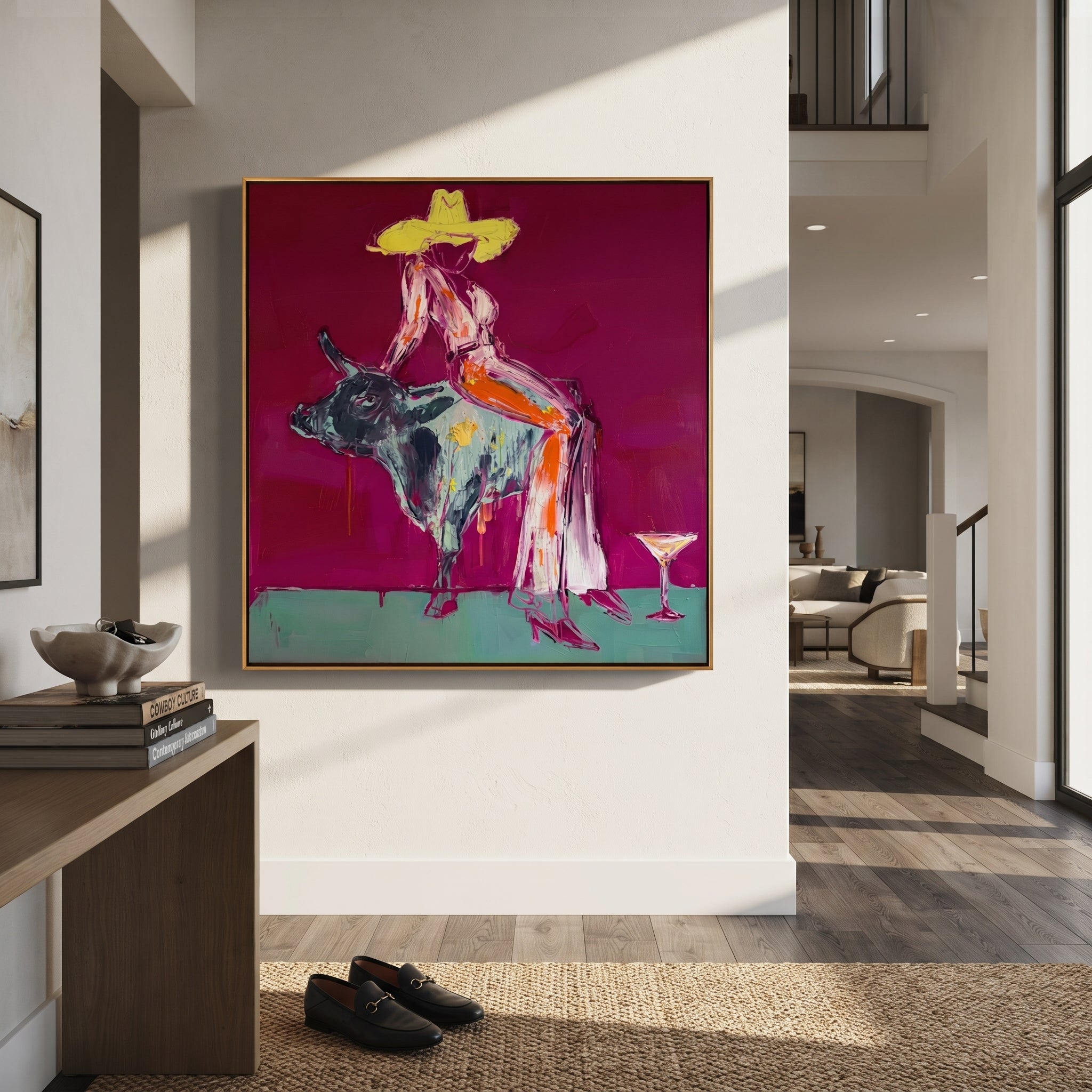 Silver Bull Holds Stillness displayed in a layered residential setting