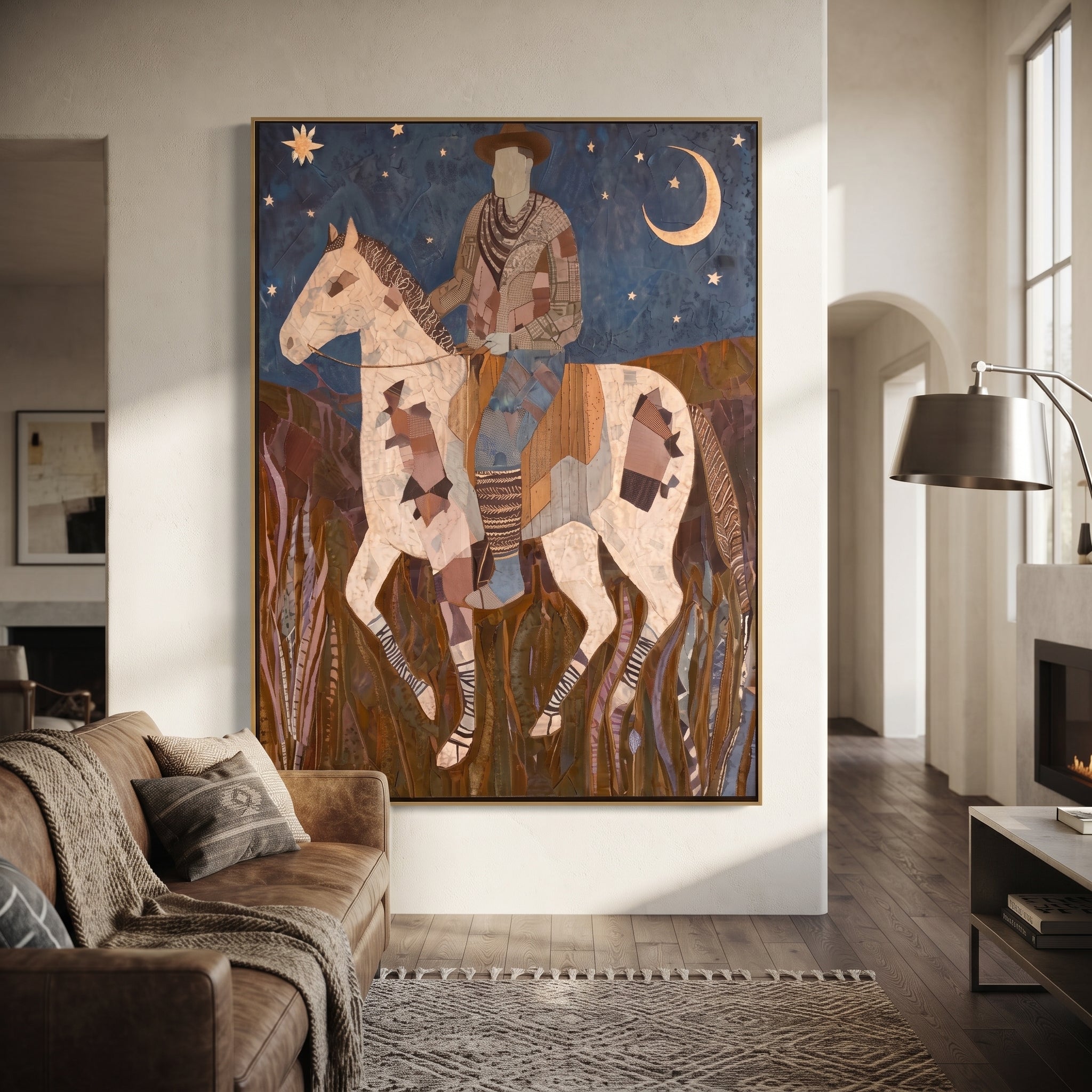 Patchwork Horse Follows Moon displayed in a collected contemporary interior