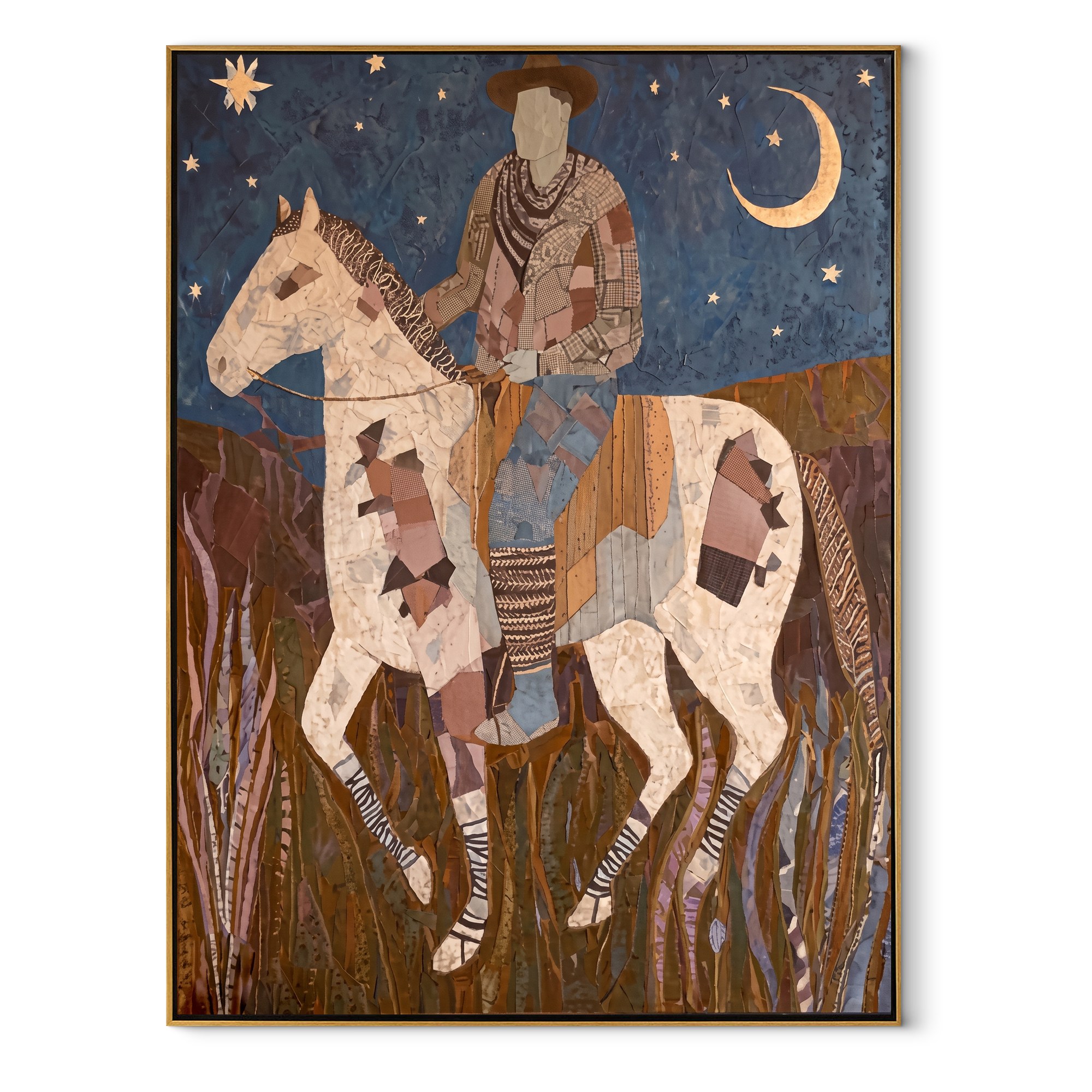 Patchwork Horse Follows Moon Western figurative painting, vertical canvas artwork