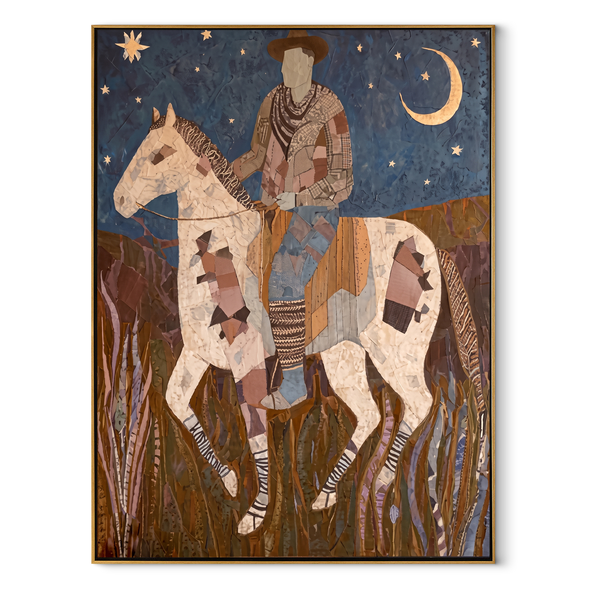Patchwork Horse Follows Moon – Rider Moon Horse Painting | Contemporary Western Vertical Wall Art