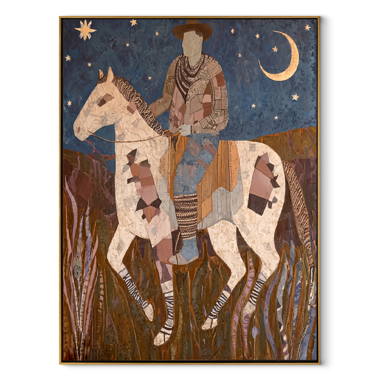 Patchwork Horse Follows Moon – Rider Moon Horse Painting | Contemporary Western Vertical Wall Art