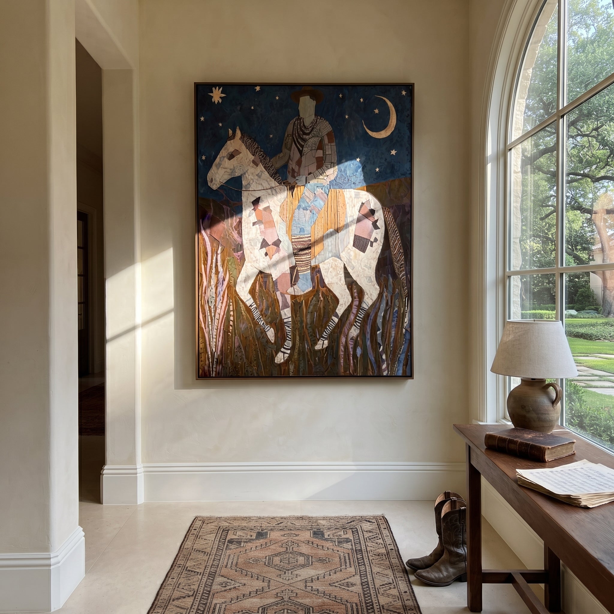 Patchwork Horse Follows Moon styled with warm modern furnishings