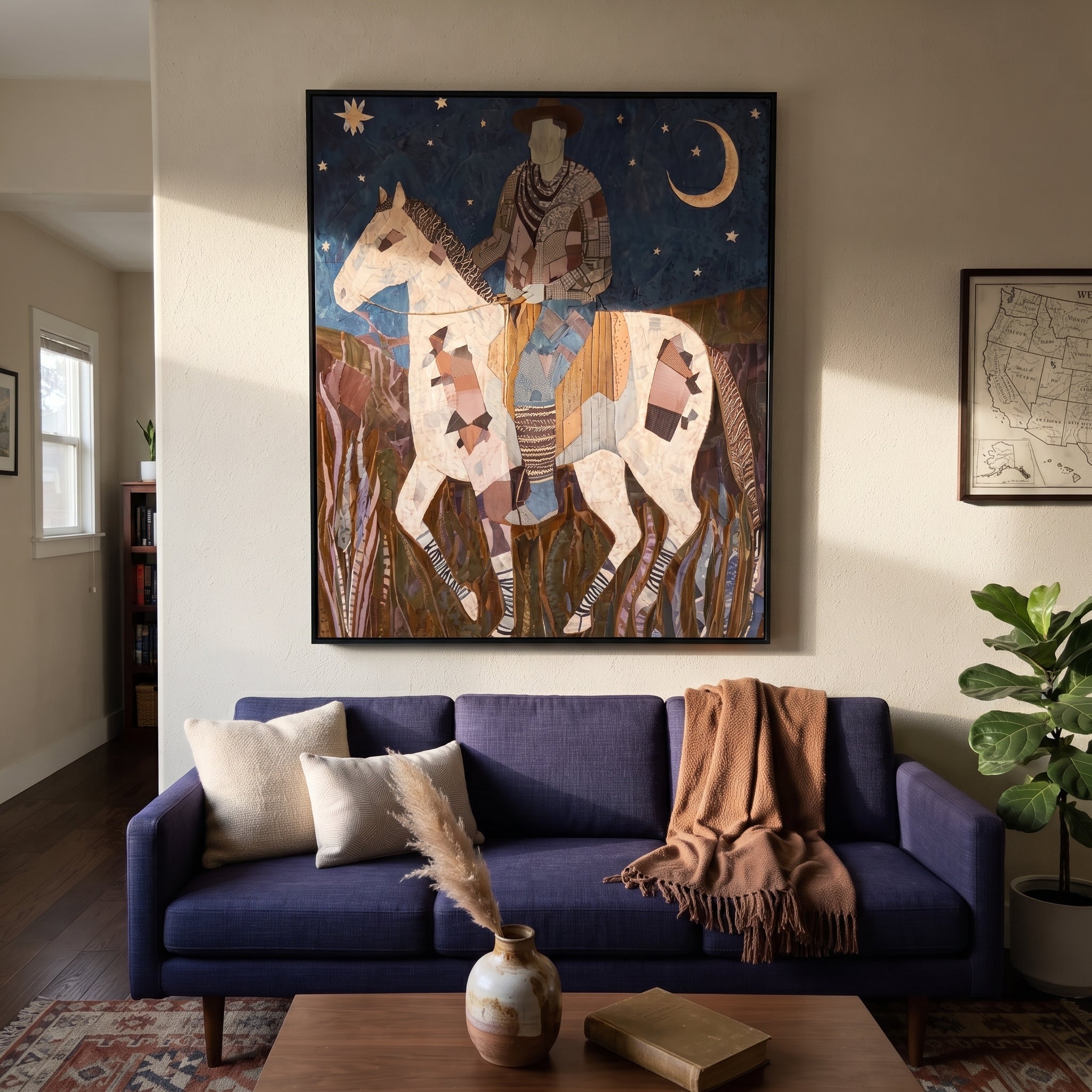 Patchwork Horse Follows Moon displayed in a layered residential setting