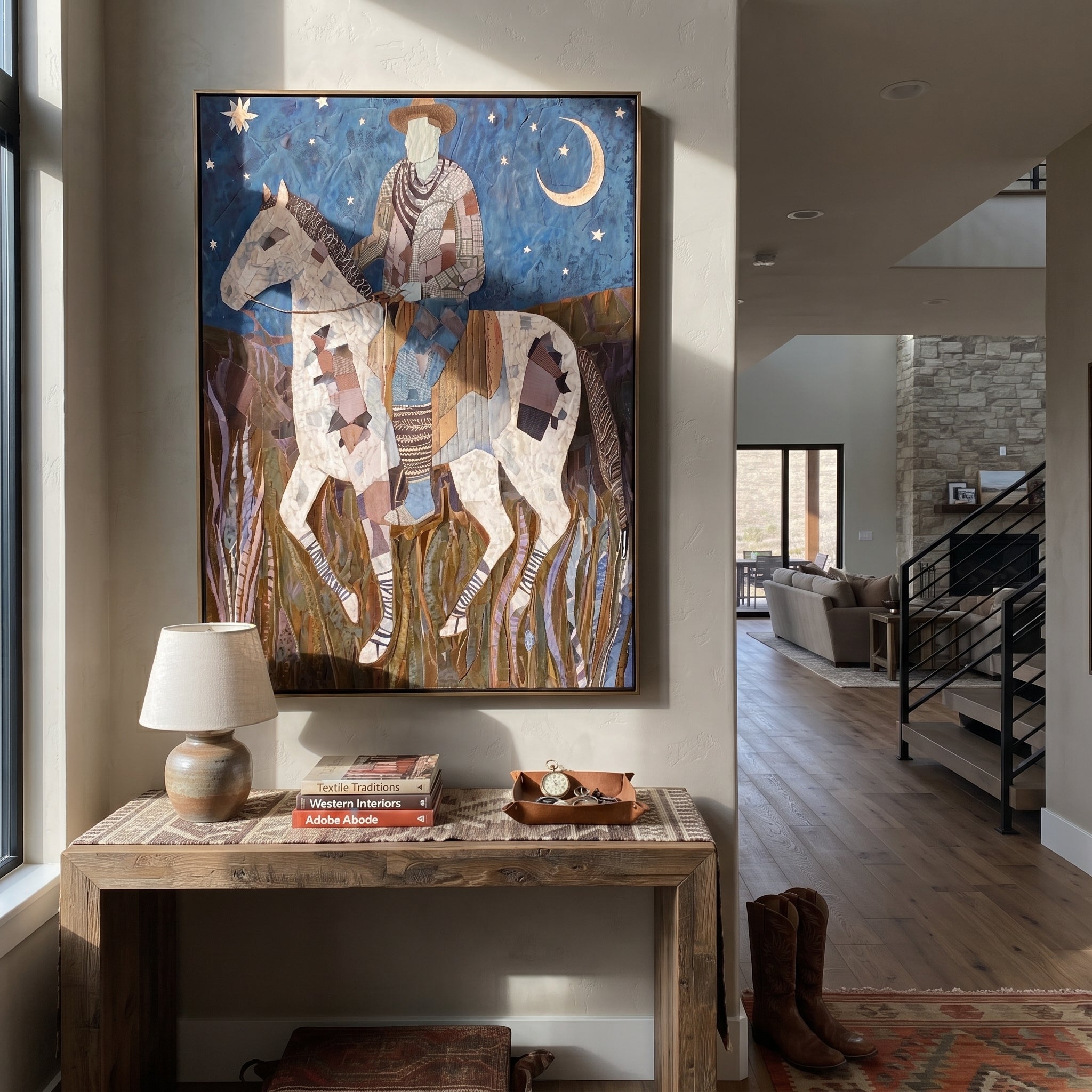 Patchwork Horse Follows Moon styled with wood, linen, and modern decor