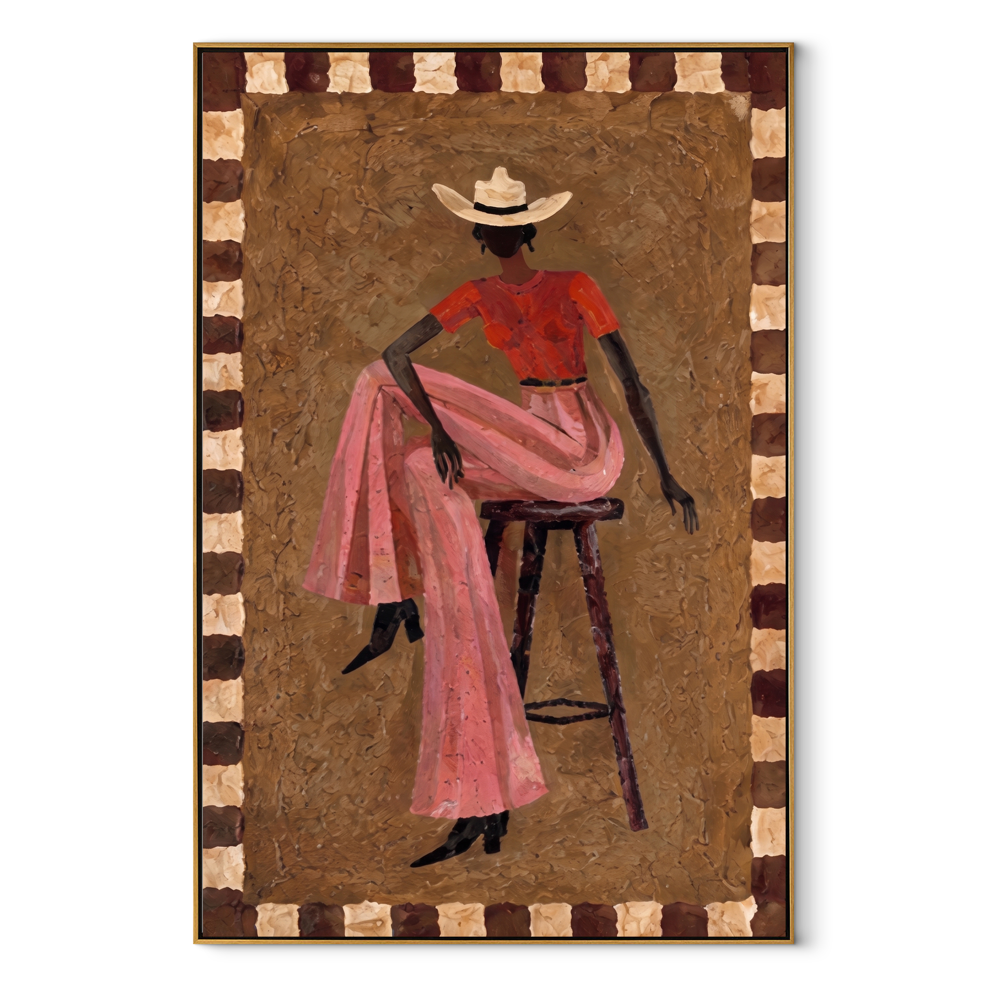 Pink Skirt Keeps Poise Western figurative painting, vertical canvas artwork
