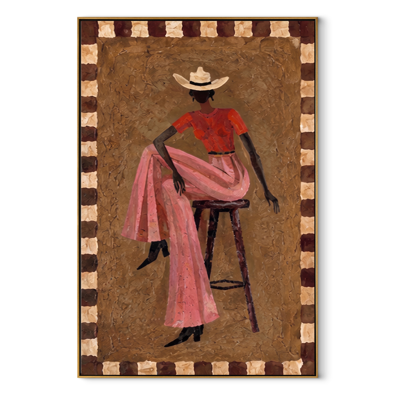 Pink Skirt Keeps Poise – Decorative Cowgirl Portrait Painting | Contemporary Western Vertical Wall Art