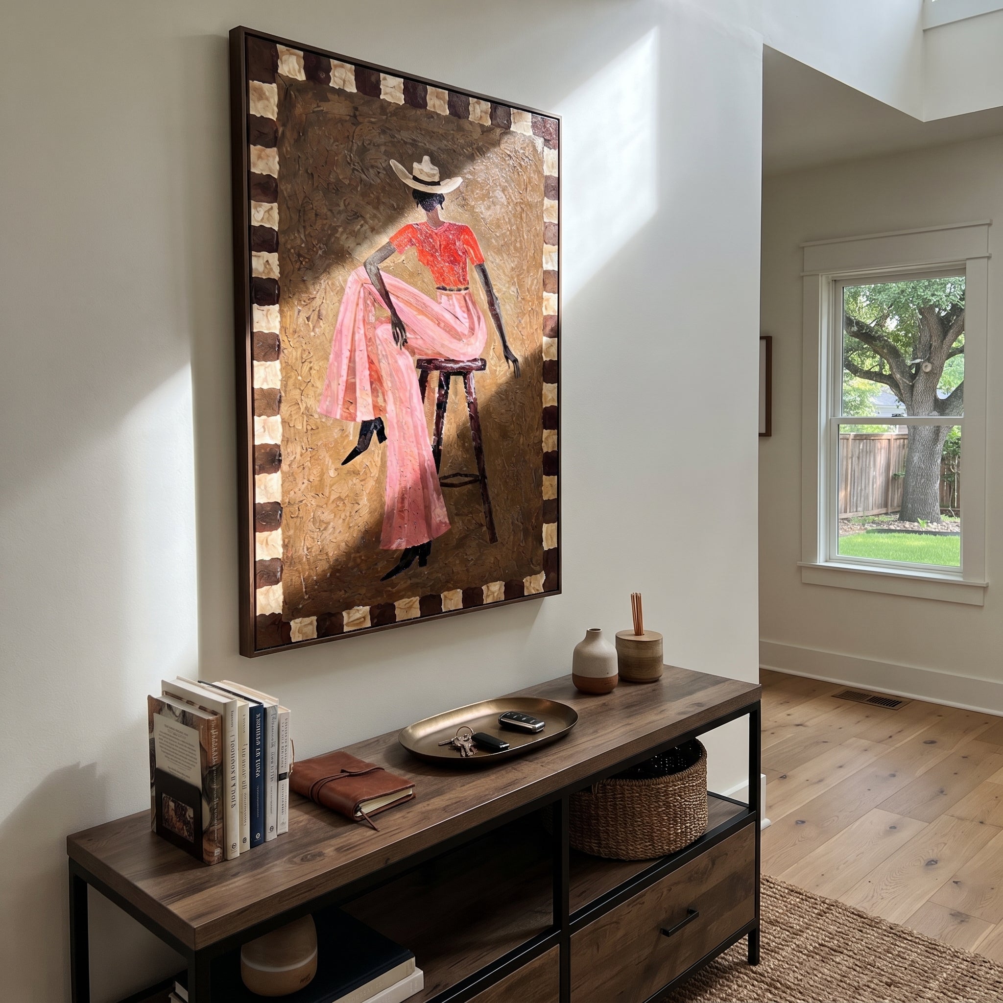 Pink Skirt Keeps Poise presented as a colorful interior focal point