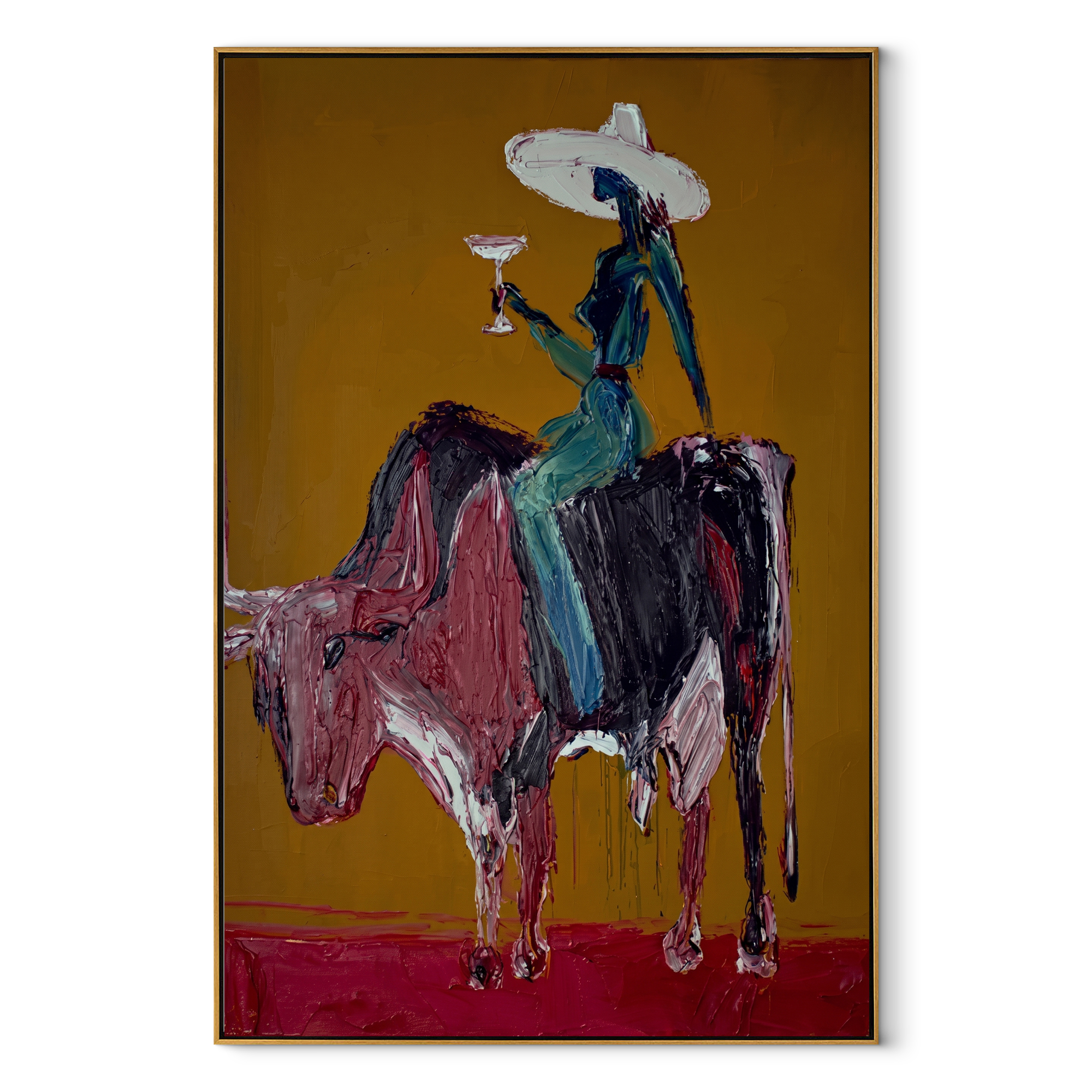 Brown Horns Carry Teal Western figurative painting, vertical canvas artwork