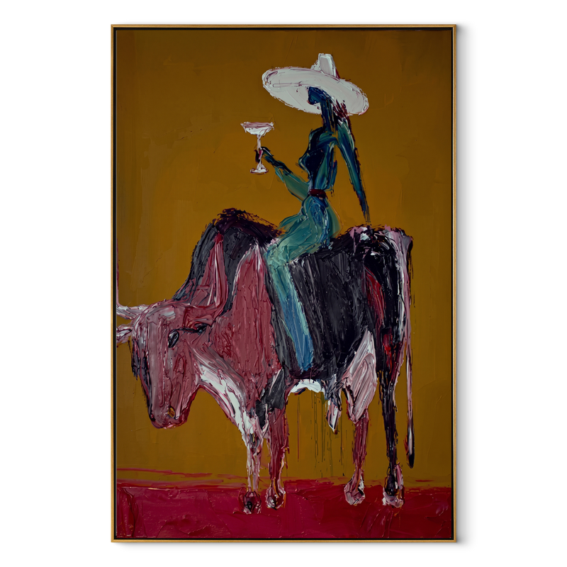 Brown Horns Carry Teal – Cowgirl Brown Bull Painting | Contemporary Western Vertical Wall Art