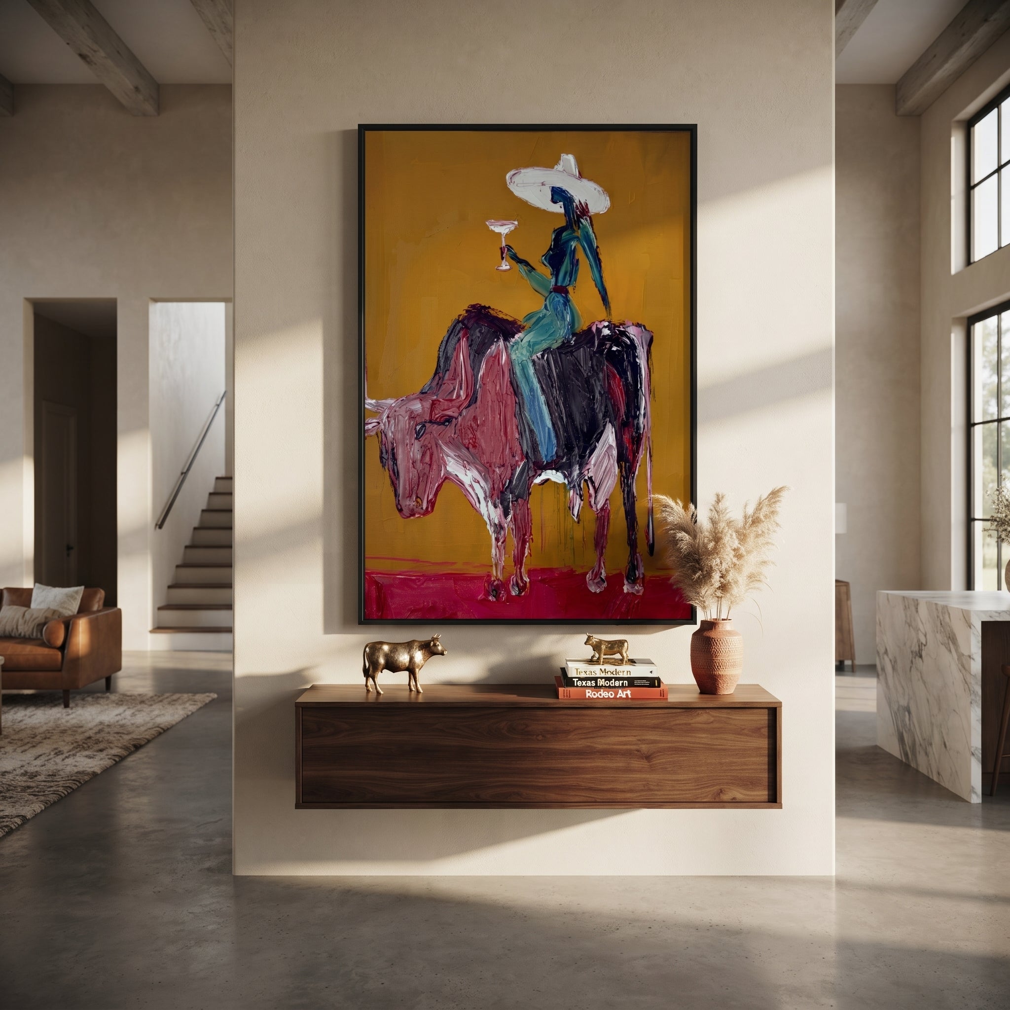 Brown Horns Carry Teal displayed in a layered residential setting