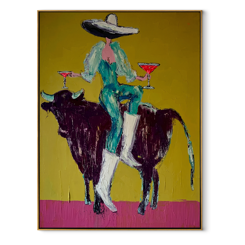 Twin Glasses Balance Night – Cowgirl Black Bull Painting | Contemporary Western Vertical Wall Art