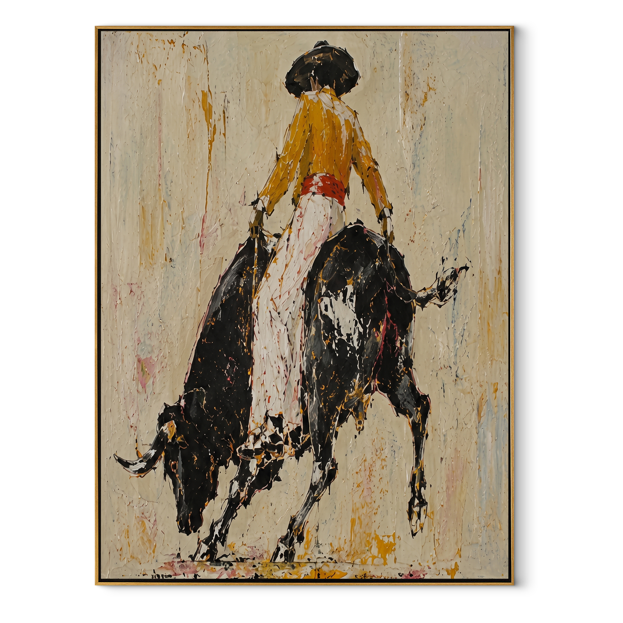 Black Bull Breaks Ivory Western figurative painting, vertical canvas artwork