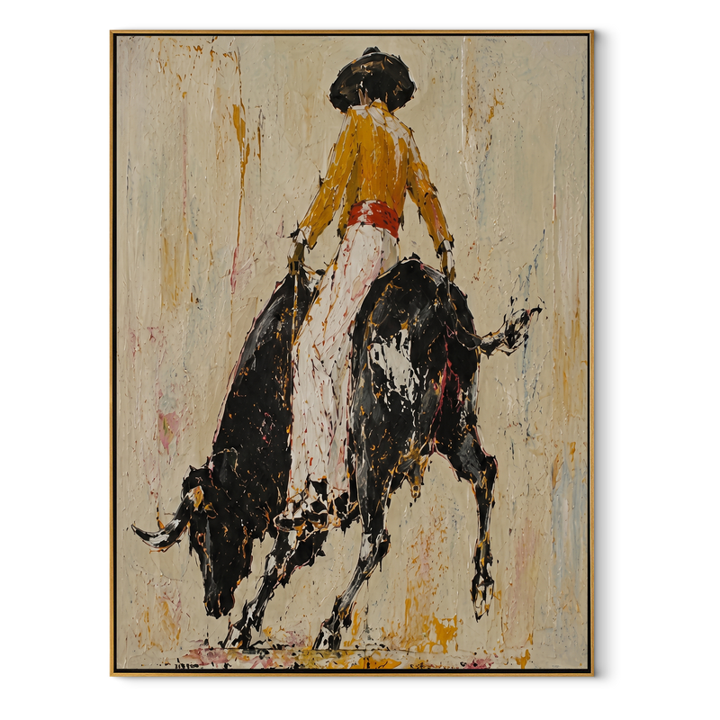 Black Bull Breaks Ivory – Cowgirl Powerful Bull Painting | Contemporary Western Vertical Wall Art