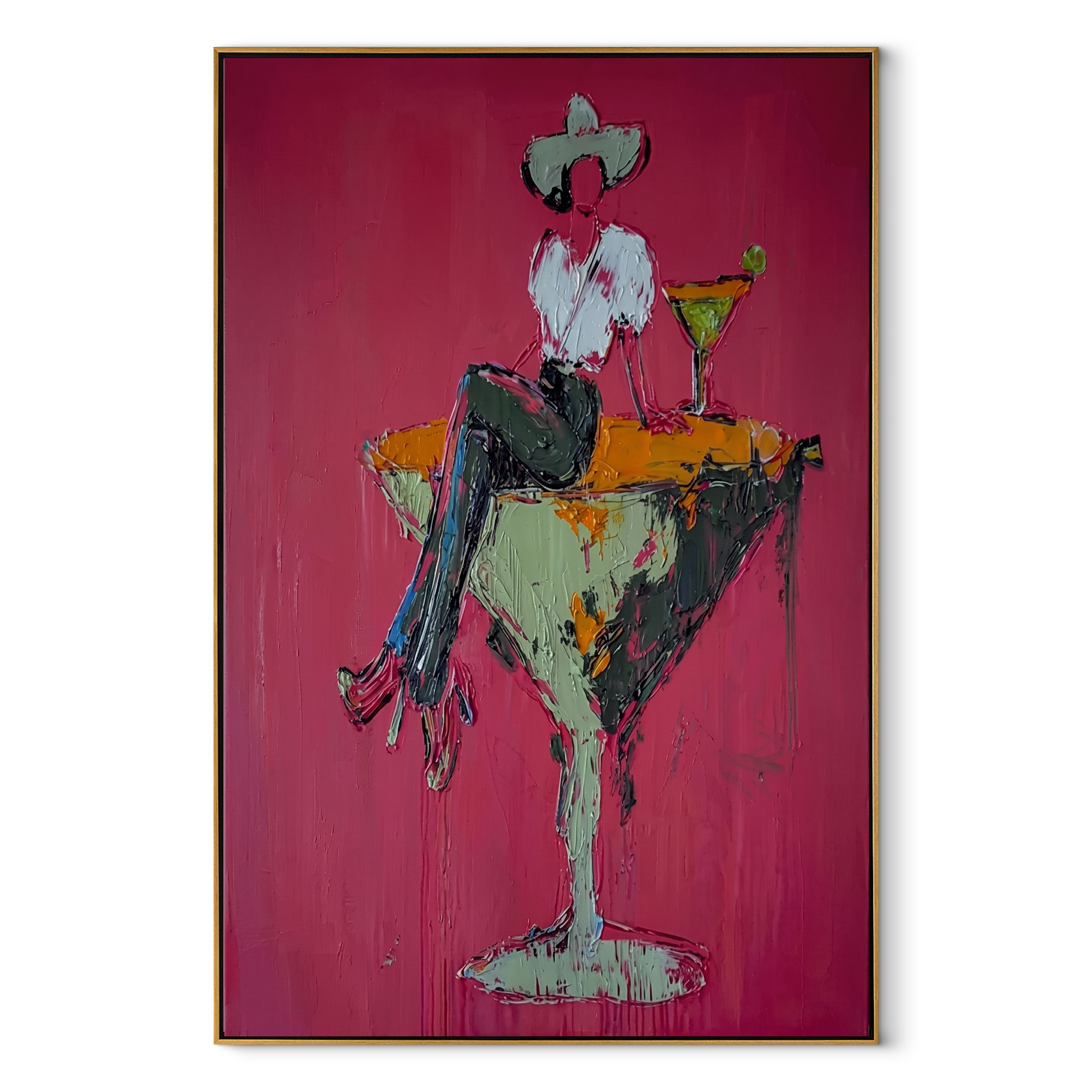 Mint Glass Holds Midnight Western figurative painting, vertical canvas artwork