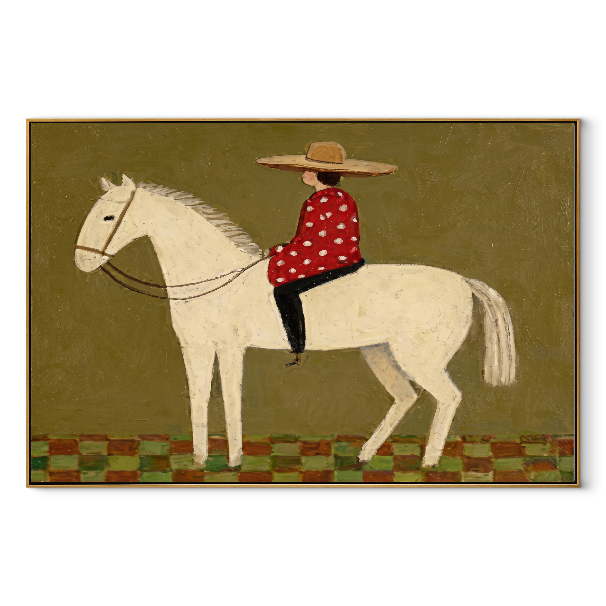 Red Dots Ride Ivory Western figurative painting, horizontal canvas artwork