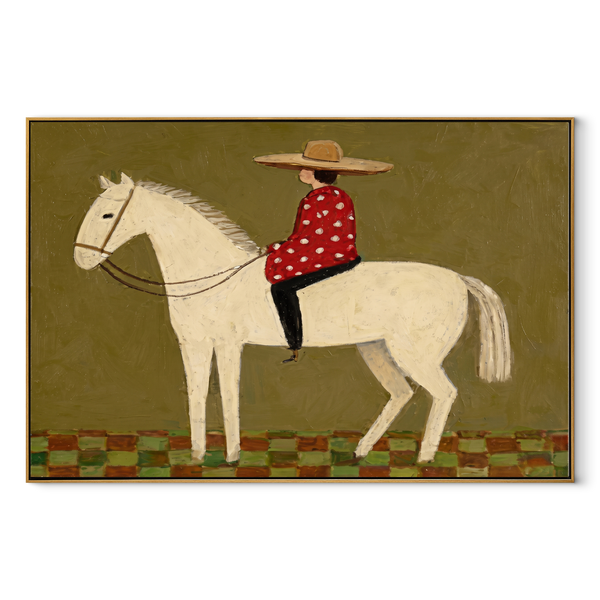 Red Dots Ride Ivory – Folk Rider Horse Painting | Contemporary Western Horizontal Wall Art
