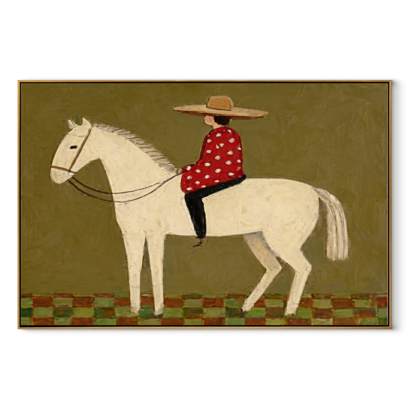 Red Dots Ride Ivory – Folk Rider Horse Painting | Contemporary Western Horizontal Wall Art