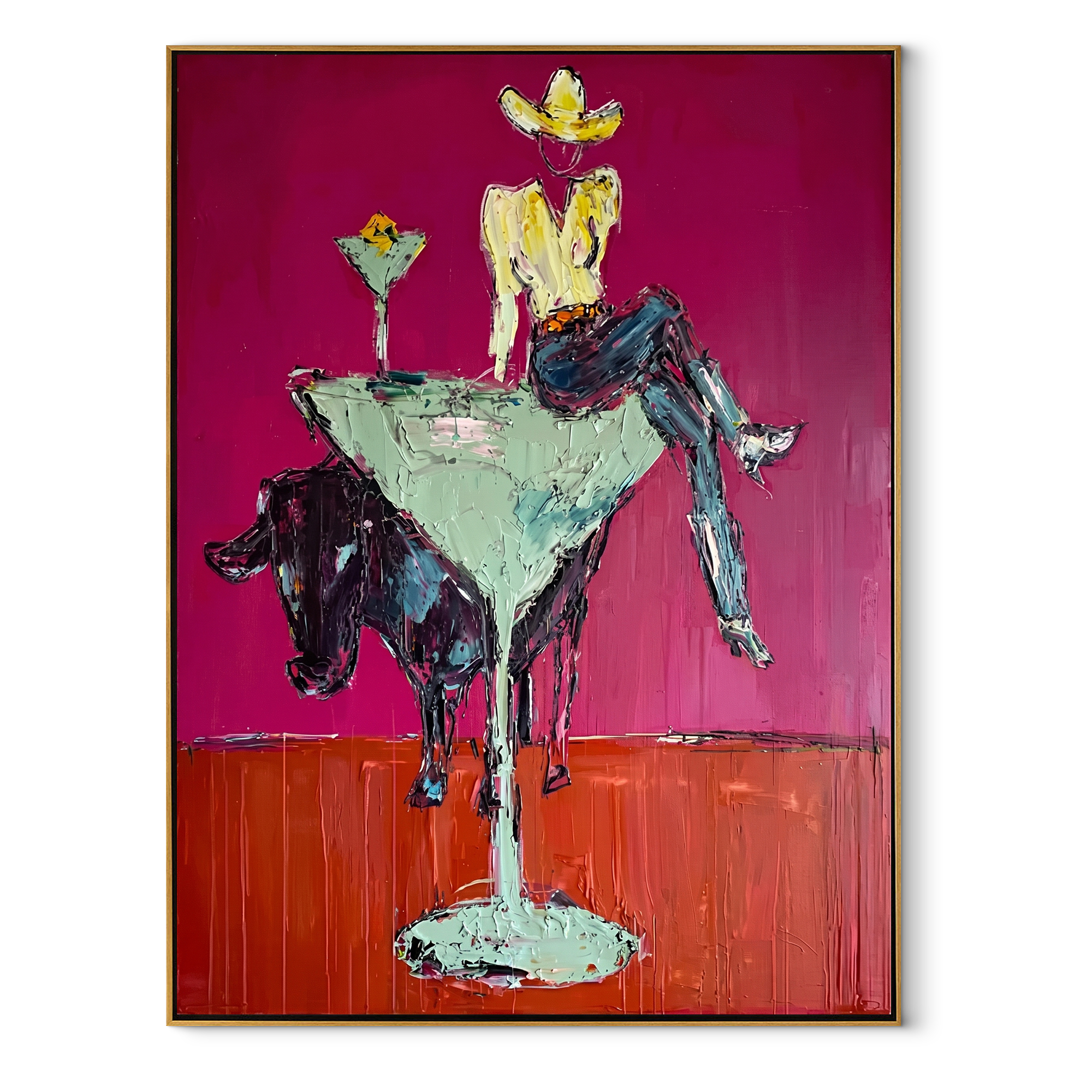 Mint Glass Lifts Gold Western figurative painting, vertical canvas artwork